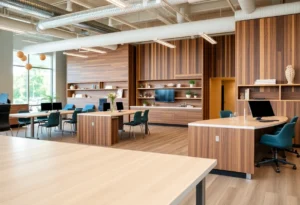 A workspace featuring Wilsonart's engineered surfaces and woodworking products
