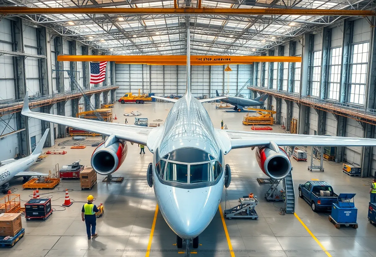 Visual representation of an aerospace manufacturing facility with blended-wing aircraft.