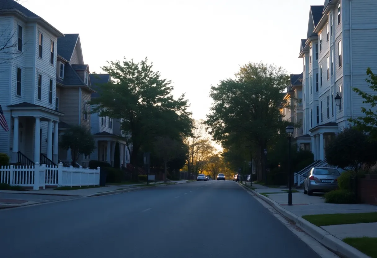 Serene residential street in Alexandria, Virginia, at sunrise.
