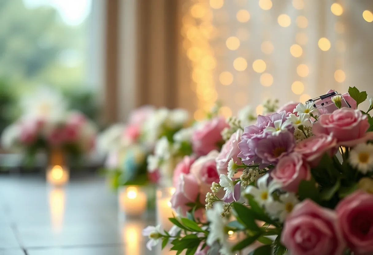 Memorial scene with flowers and music notes