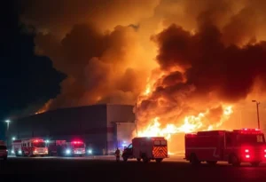 Firefighters battling a large fire at a mattress warehouse