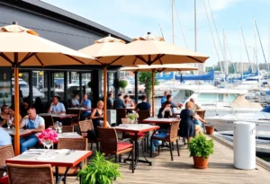 Outer dining area at Blue Heron Restaurant with marina views