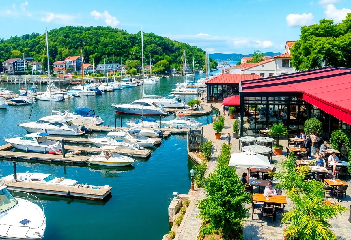 Outdoor seating at Blue Heron Restaurant with boats in the marina