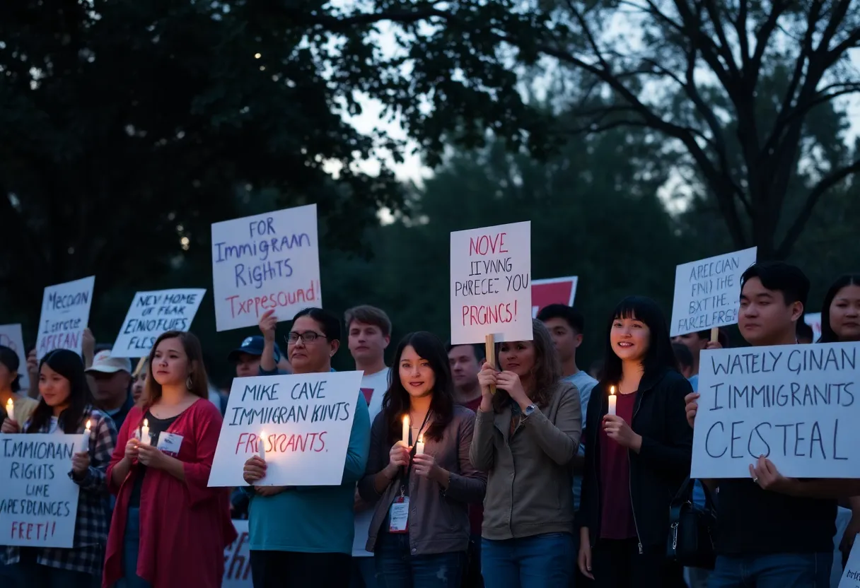 Participants holding candles and signs at a vigil for immigrant rights in Williamsburg.