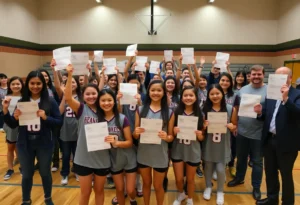 Students celebrating their athletic signings with letters of intent