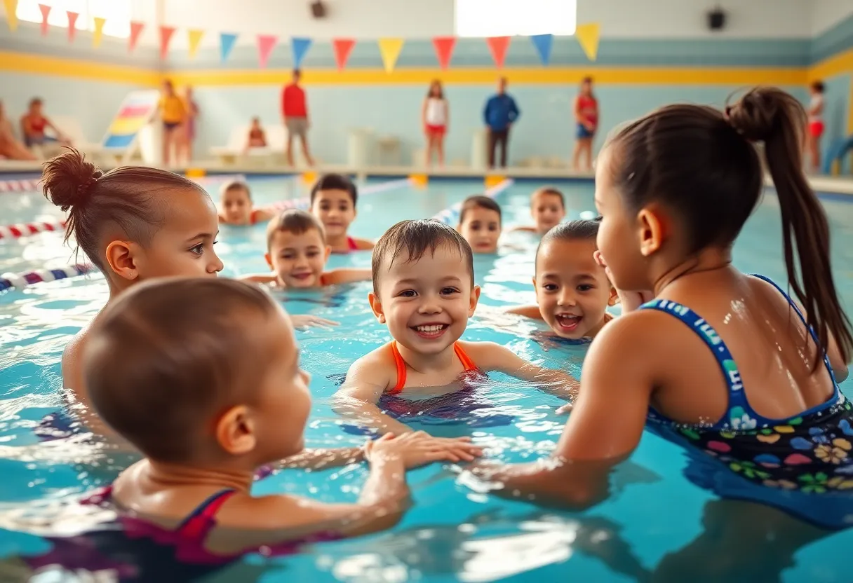 Children participating in a swimming lesson focused on water safety