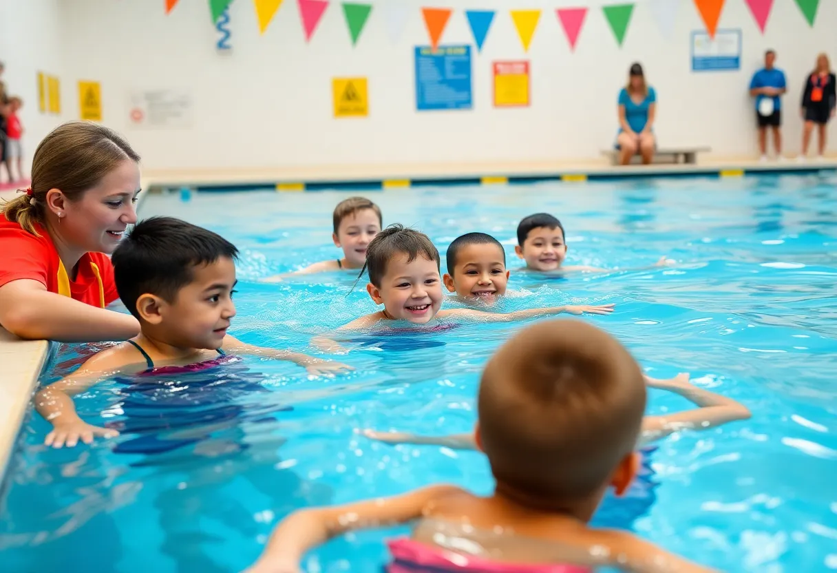 Children participating in swim lessons promoting water safety