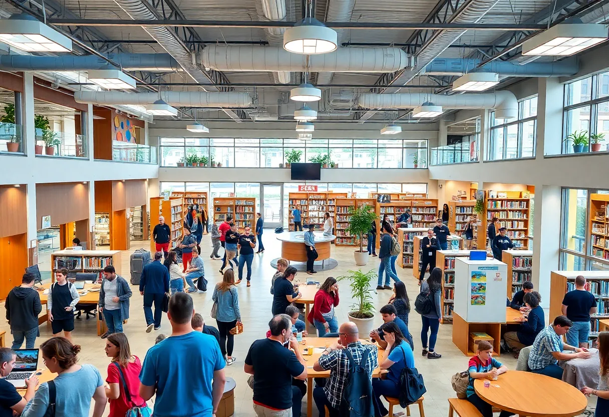 People interacting in community environments like gyms and libraries