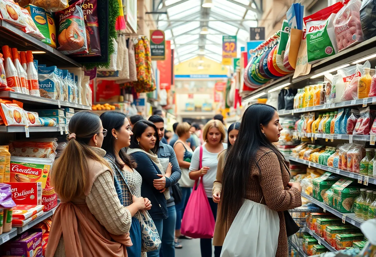 Shoppers examining products with clear pricing tags in a marketplace