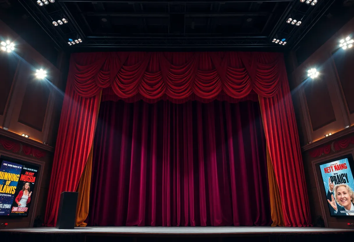 Stage view of the Ferguson Center for the Arts featuring Broadway show posters