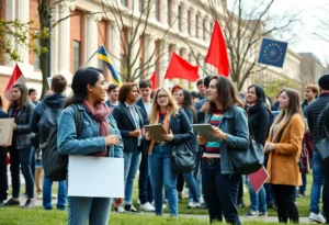 Students discussing political issues on a university campus