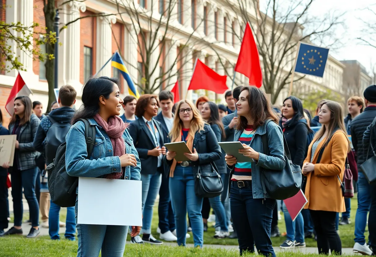 Students discussing political issues on a university campus