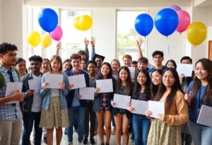 Diverse high school students celebrating scholarship awards