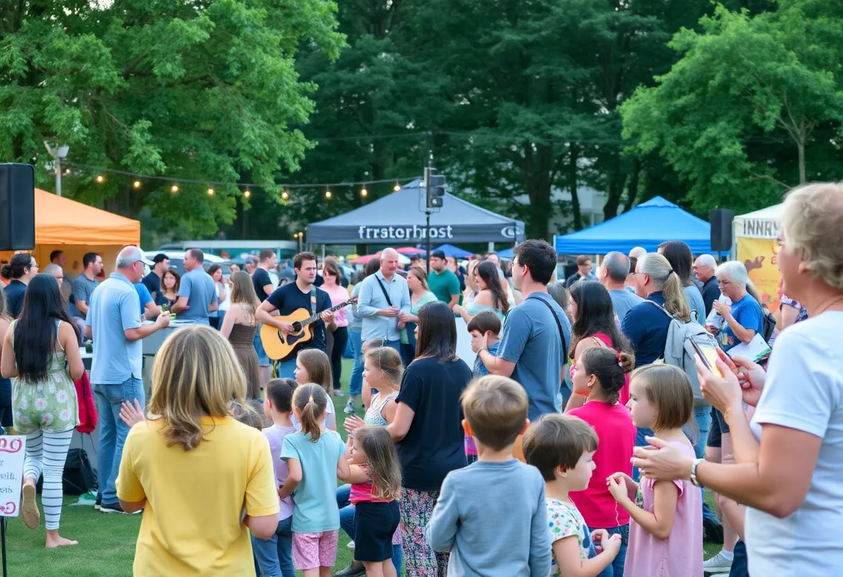 Community gathering at a concert featuring families and performers supporting local arts and youth programs.