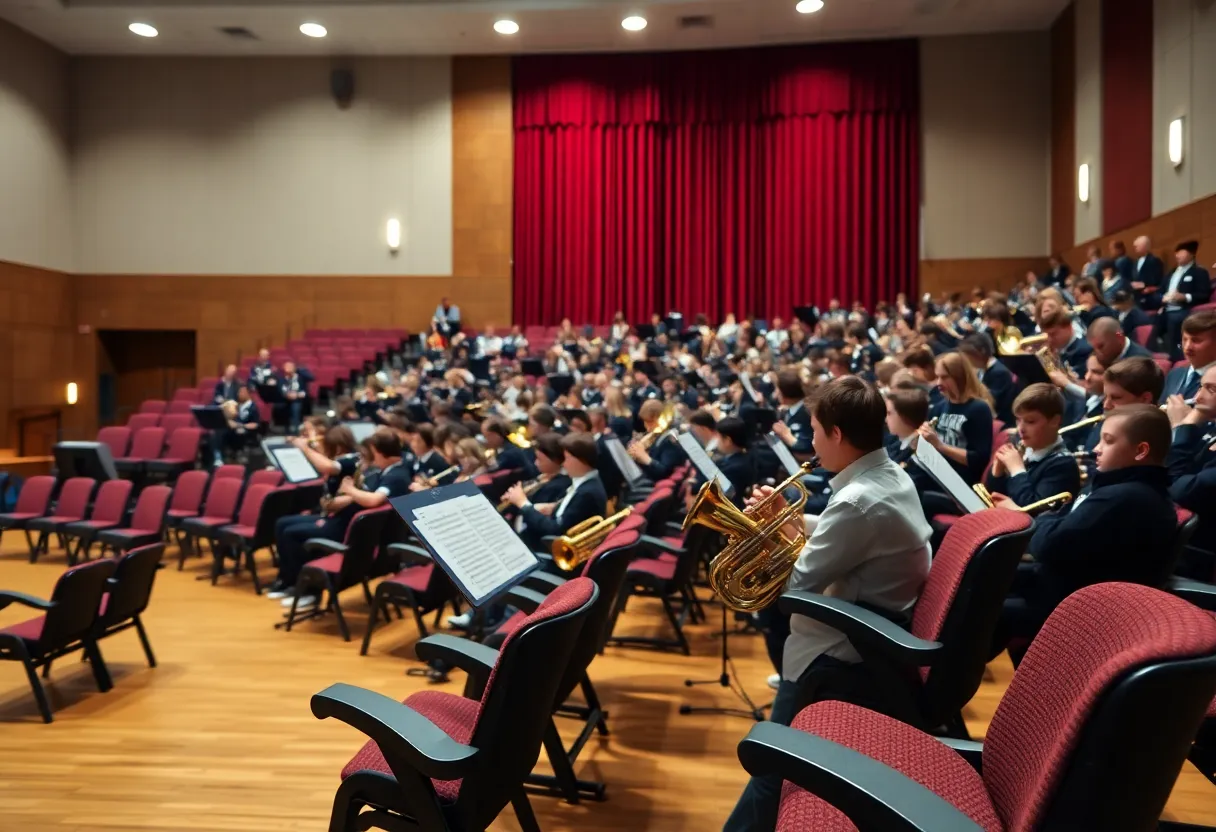 Empty rows of seats in a high school auditorium during a concert
