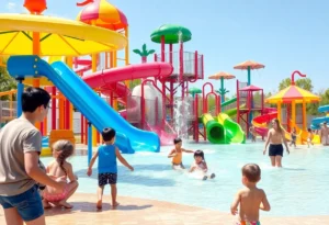 Families enjoying High Tide Harbor with water slides and interactive water features