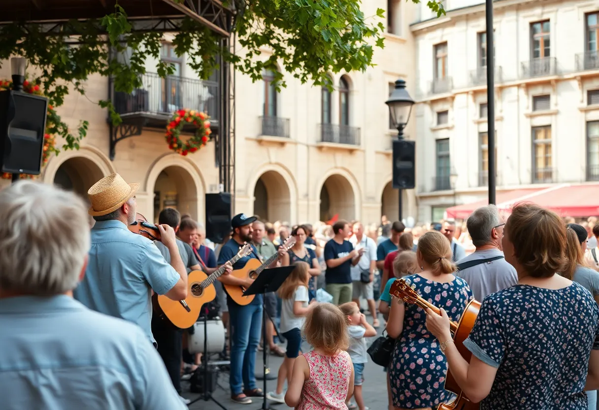 Outdoor concert in the Historic Triangle with families enjoying music.