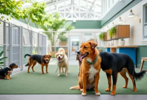 Exterior view of Hounds Town Pet Care Facility with playful dogs
