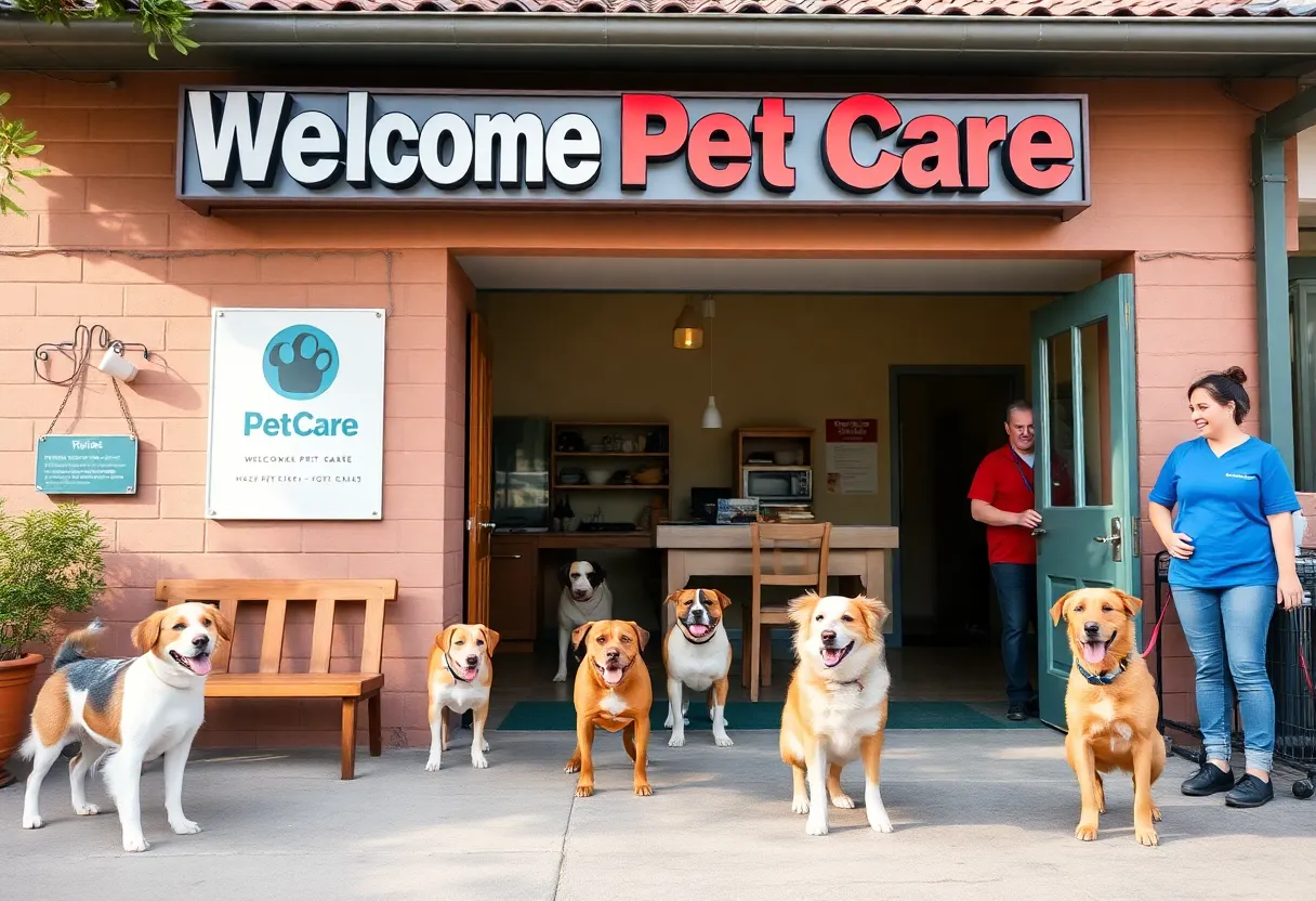 Exterior view of Hounds Town Pet Care Facility with playful dogs