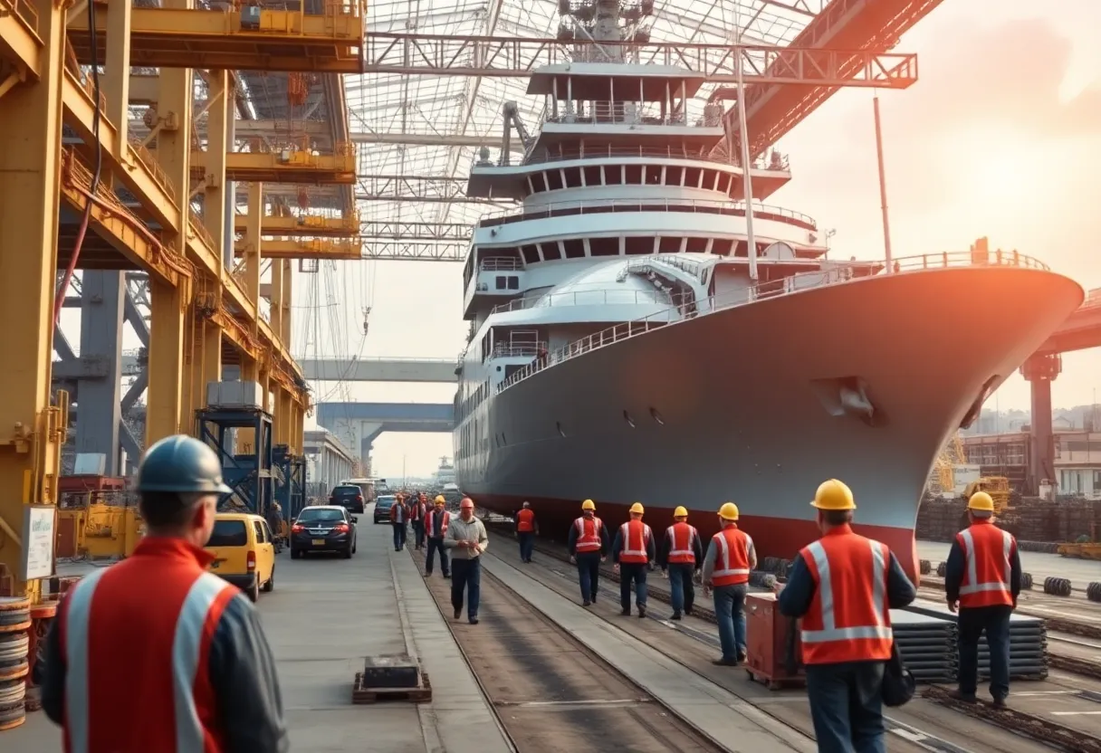 Workers at Huntington Ingalls shipyard constructing naval vessels