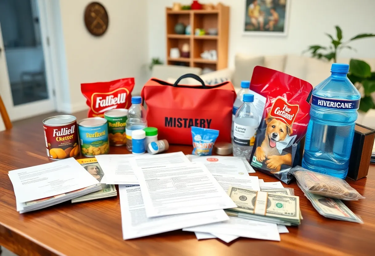 Emergency kit for hurricane preparedness containing essential items