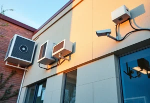 A commercial building showcasing HVAC systems and security measures