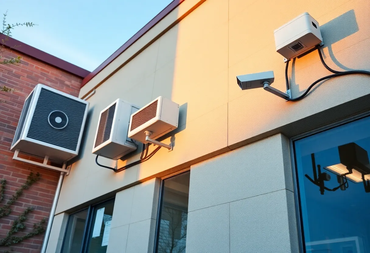 A commercial building showcasing HVAC systems and security measures