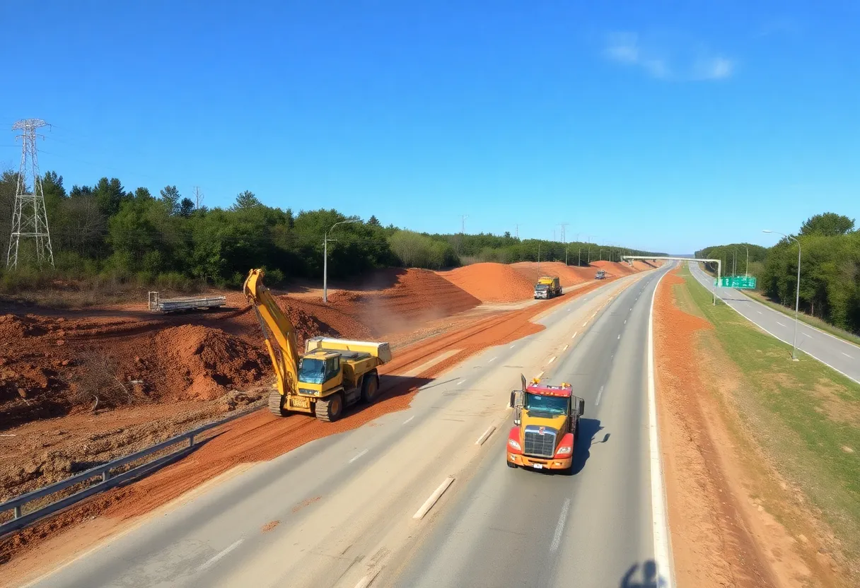 Construction site for the I-64 widening project showing heavy machinery and land clearing.
