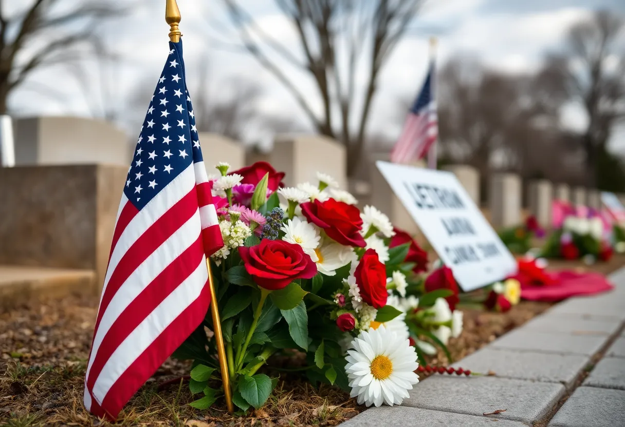 Memorial tribute for veteran Joseph W. Gibson with flowers and an American flag.