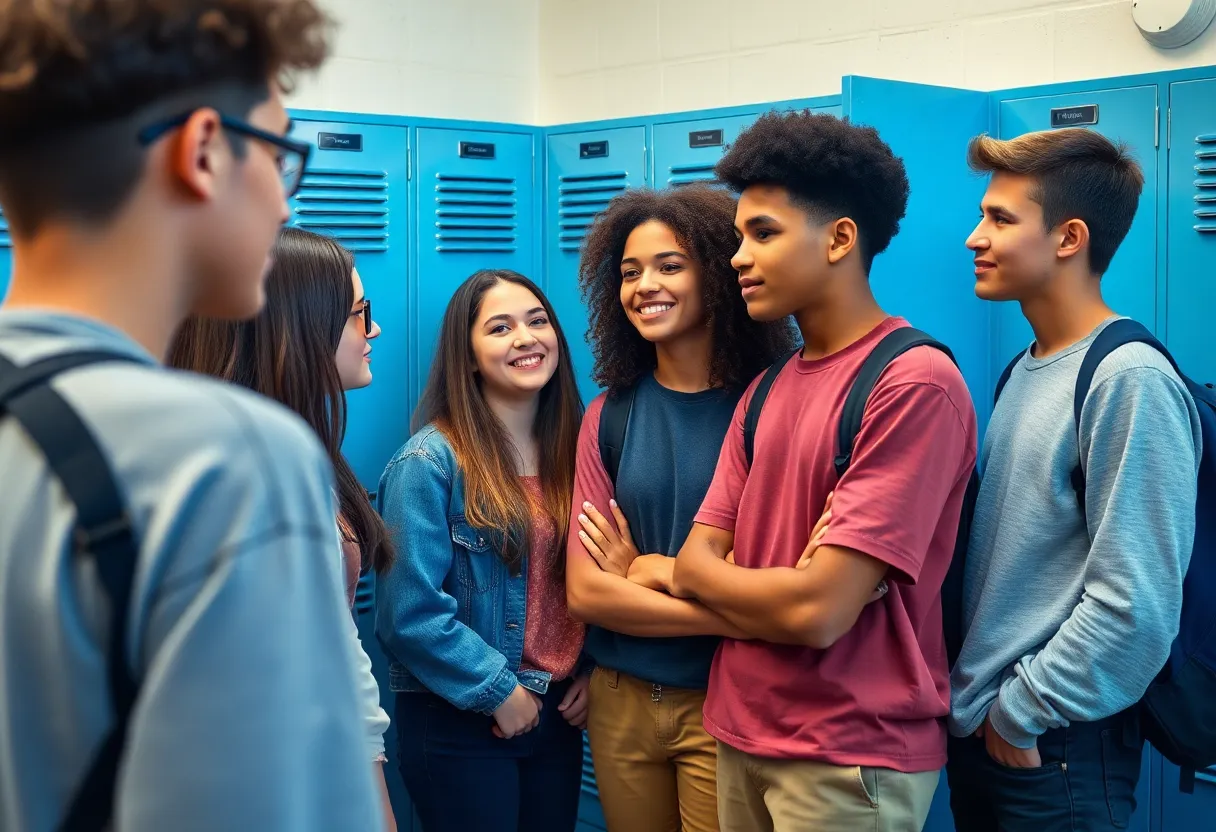 Students discussing gender identity and privacy rights in a school environment.
