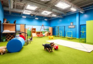 A luxury pet resort showing happy dogs playing in a grassy area.