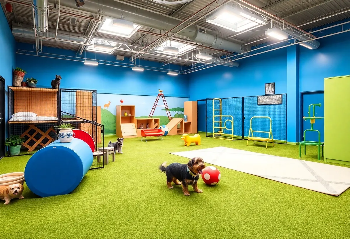 A luxury pet resort showing happy dogs playing in a grassy area.