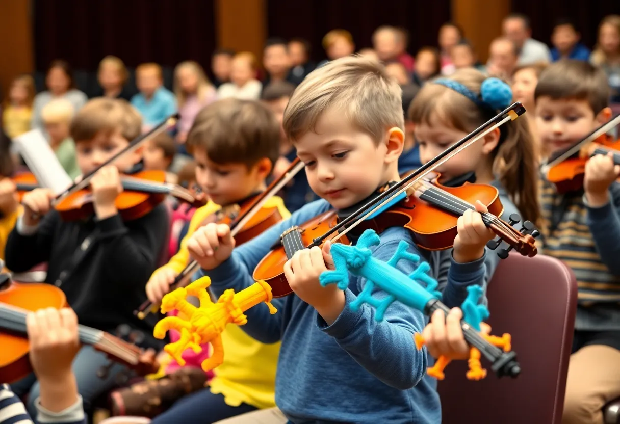 Children performing on stage with 3D-printed violins at a school concert