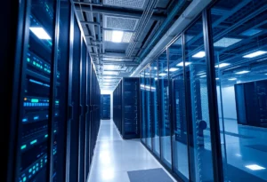 A modern data center showcasing energy-efficient servers and technology.