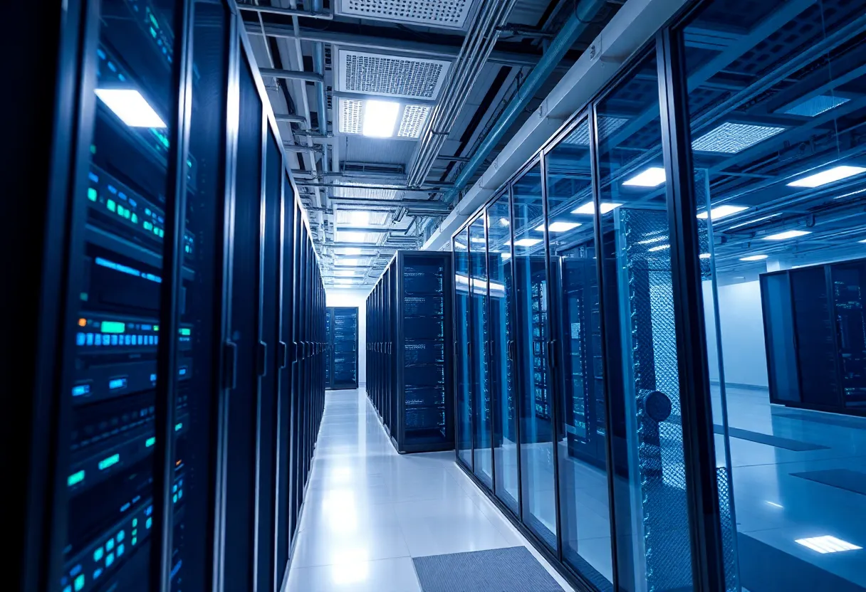 A modern data center showcasing energy-efficient servers and technology.
