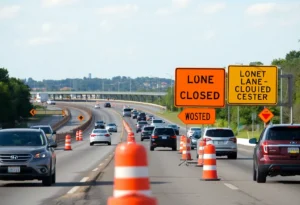 Traffic on I-64 in Newport News with construction signs