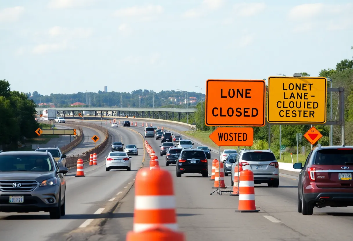 Traffic on I-64 in Newport News with construction signs