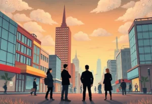 Illustration of uncertainty in Northern Virginia's economy with businesses and cloudy skies.