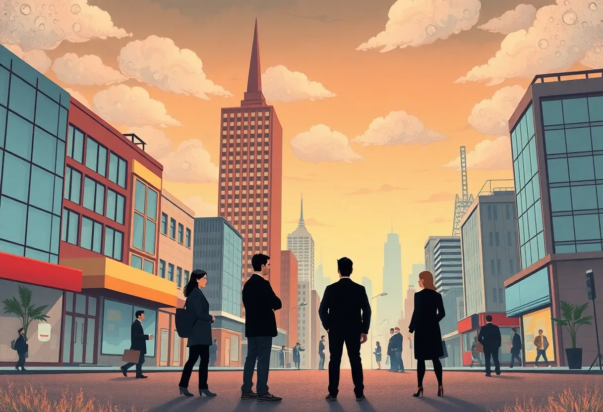 Illustration of uncertainty in Northern Virginia's economy with businesses and cloudy skies.