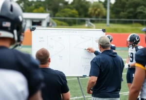 Football coach discussing defensive strategies with players