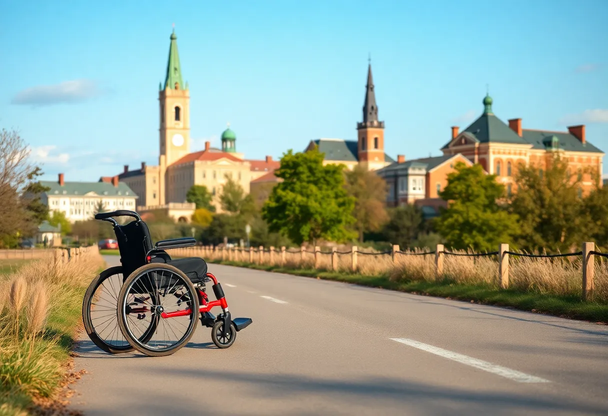 Power chair on a scenic route for Multiple Sclerosis awareness