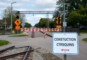 Railroad crossing in Williamsburg with construction signs