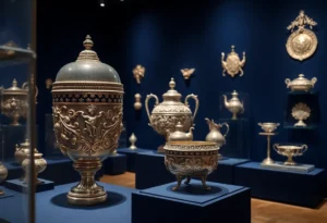 Display of silver artifacts in Colonial Williamsburg's new exhibition