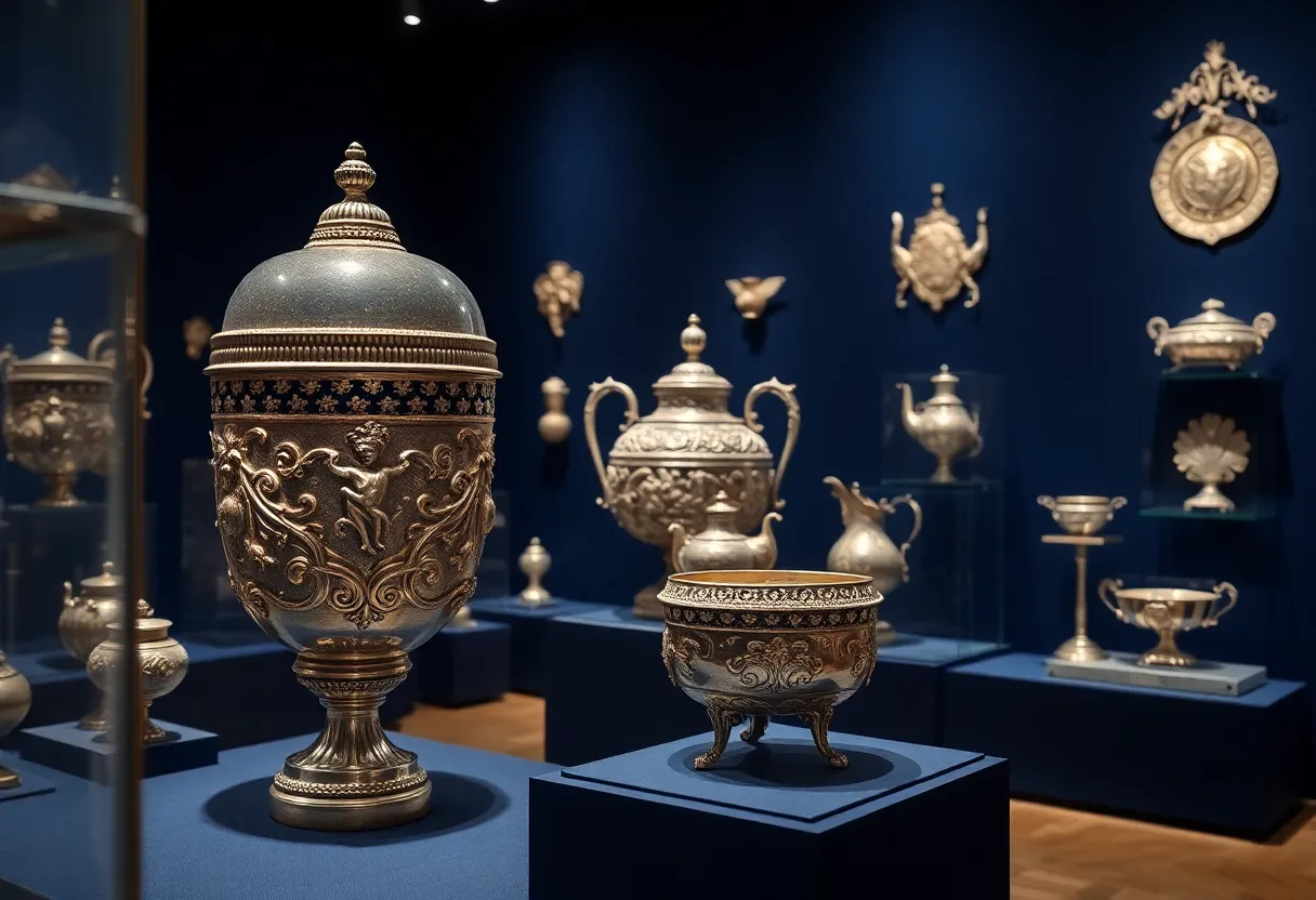 Display of silver artifacts in Colonial Williamsburg's new exhibition