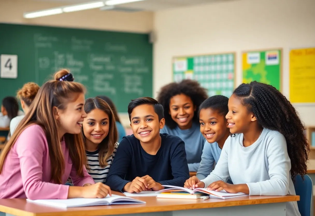 Diverse students actively participating in a classroom activity.