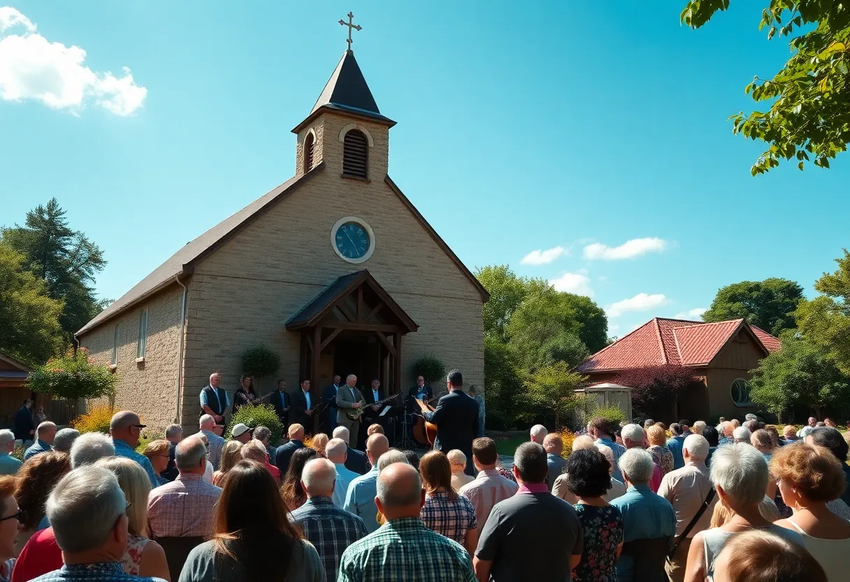 Audience gathered outside St Mark Lutheran Church for a concert.