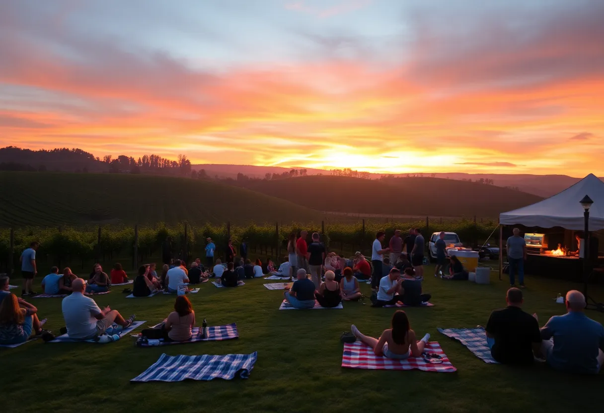 Vineyard concert scene at sunset with attendees enjoying music
