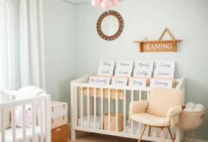 Display of popular baby name cards in a nursery