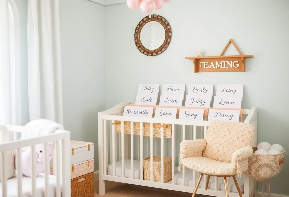 Display of popular baby name cards in a nursery