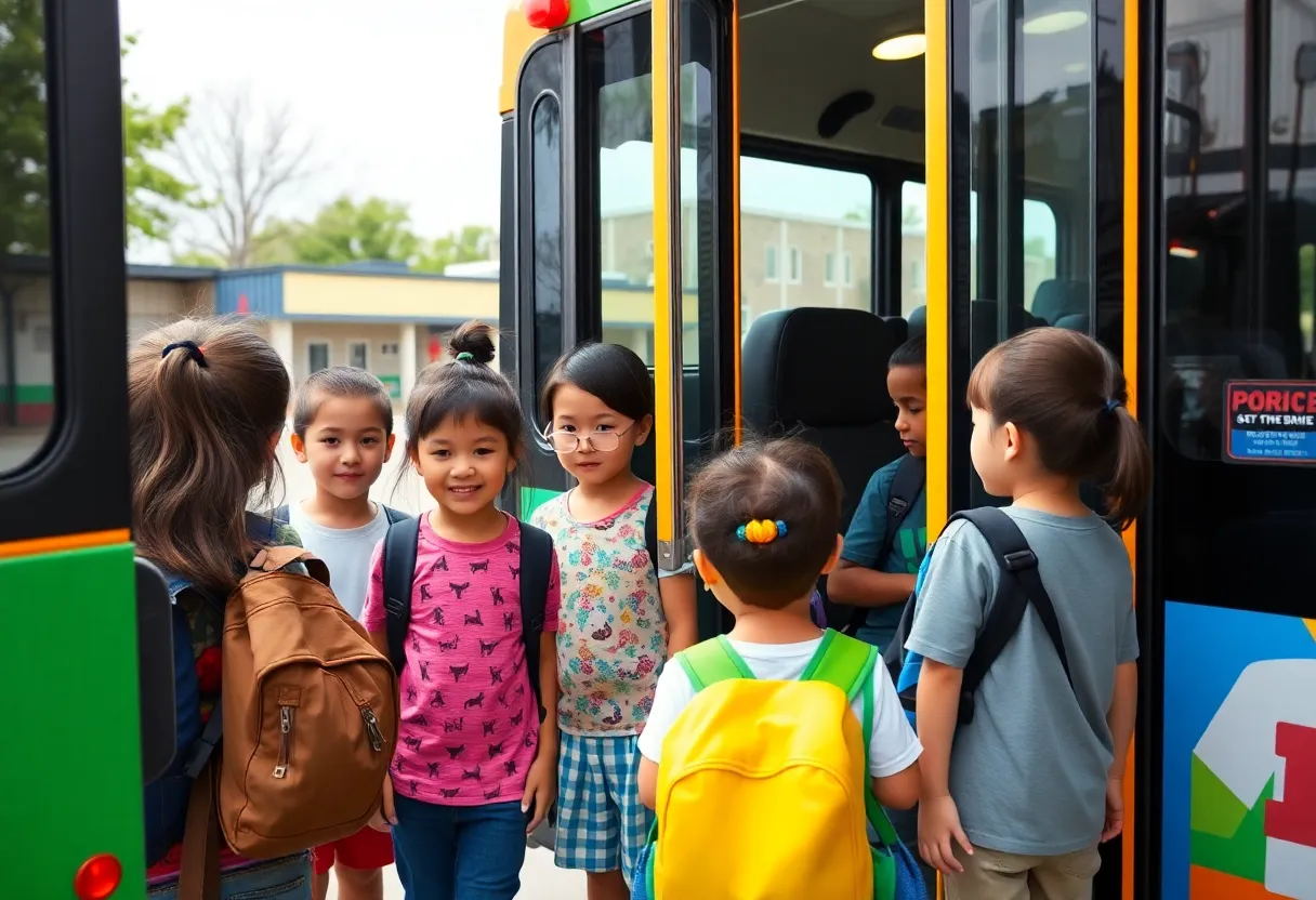 Children boarding a shuttle bus for school transportation